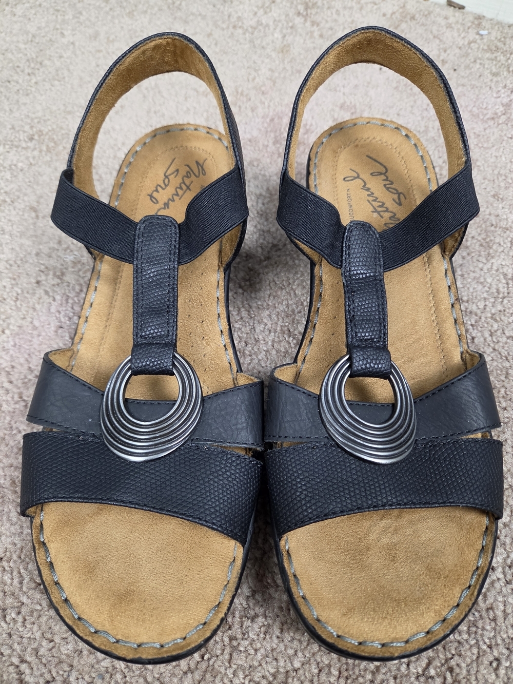 Comfort Step Black Slingback Sandals with Silver Ring Accent